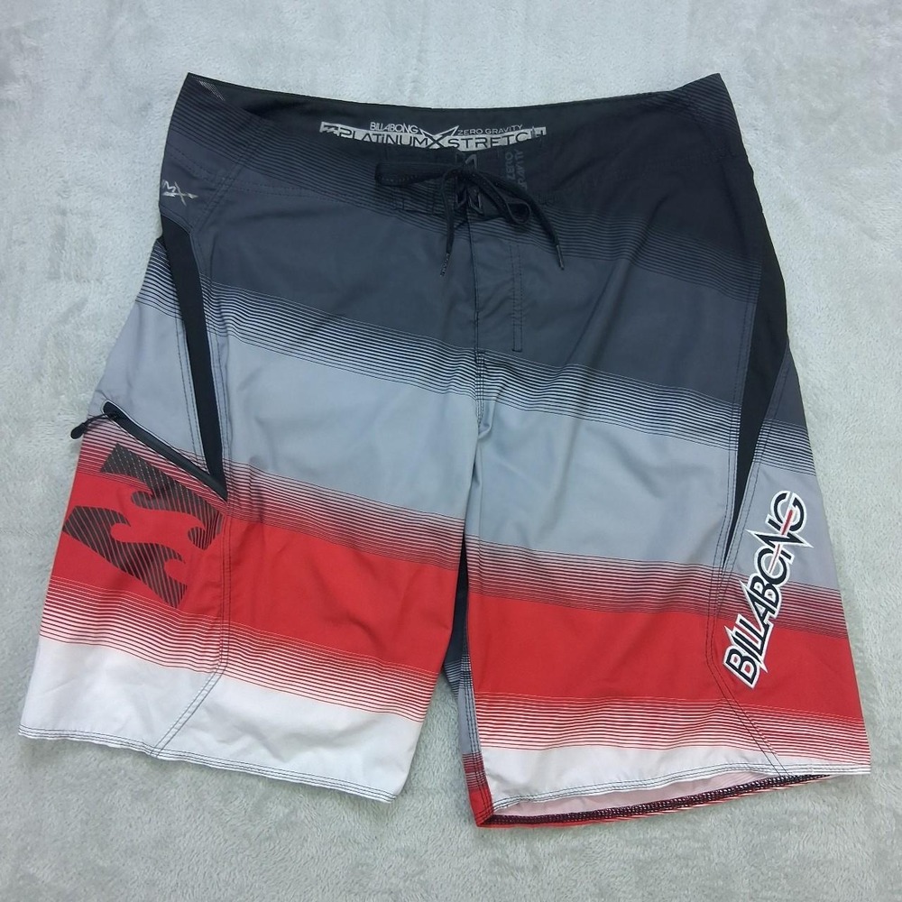 Billabong Platinum X Stretch Board Shorts Mens 38 Black Red Striped Surf Swim